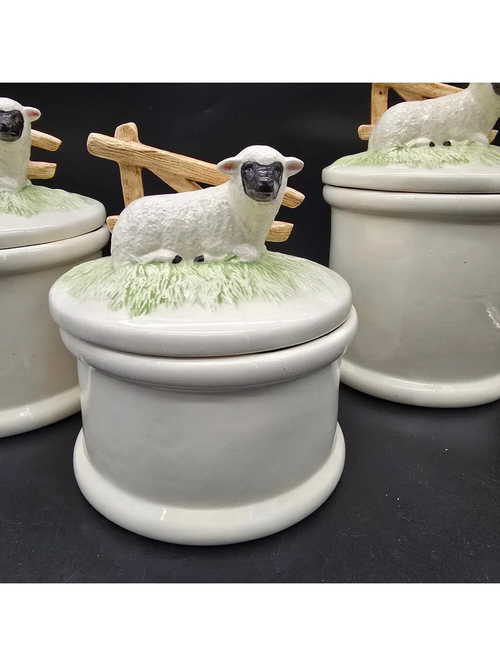 Vtg 1980s Ceramic Sheep Canister Set 3pc Farmhouse Cottagecore Trio Jars Flawed